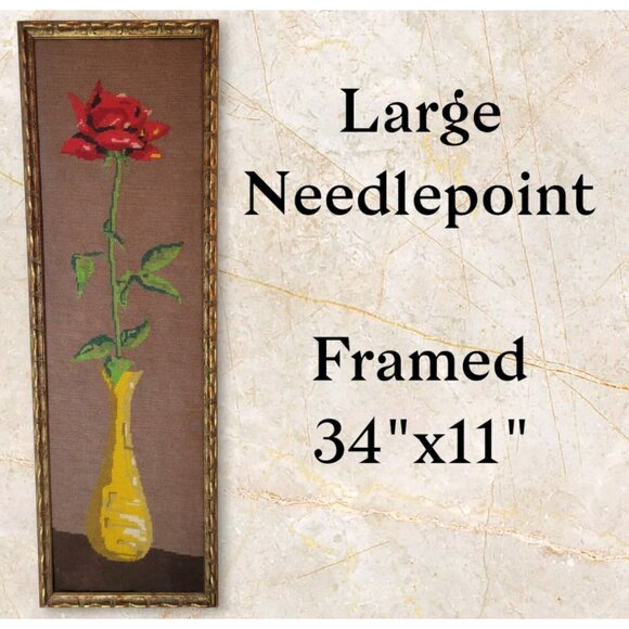 Large Vintage Tall Red Rose w/ Vase Needlepoint 34"x11" Complete Framed No Glass - Picture 1 of 9